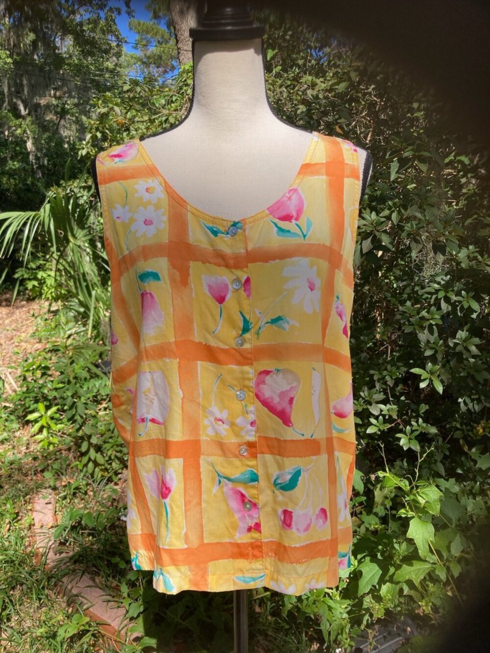 90's Vintage Sleeveless Tank - Watercolor Floral Plaid